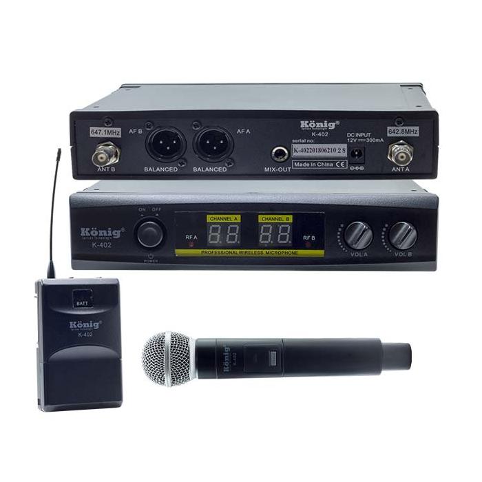 KÖNİG K-402 UHF/SABİT- ÇİFT KANAL 1 EL + 1 YAKA TELSİZ MİKROFON