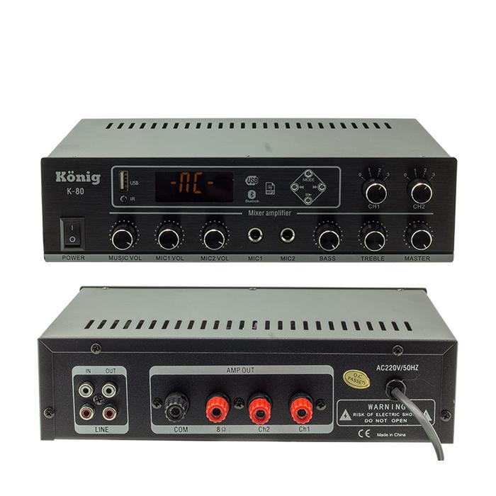 KÖNİG K-80 MİNİ-80W 100V/70V/4-16 OHM USB/SD/BLUETOOTH/2 BÖLGELİ 2 MİK GİRİŞ TRAFOLU ANFİ